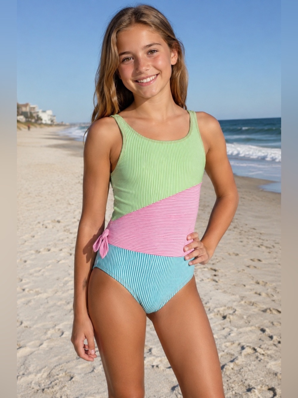 Lands' End Kids Wrap Seersucker Colorblock One Piece Swimsuit - Size 14